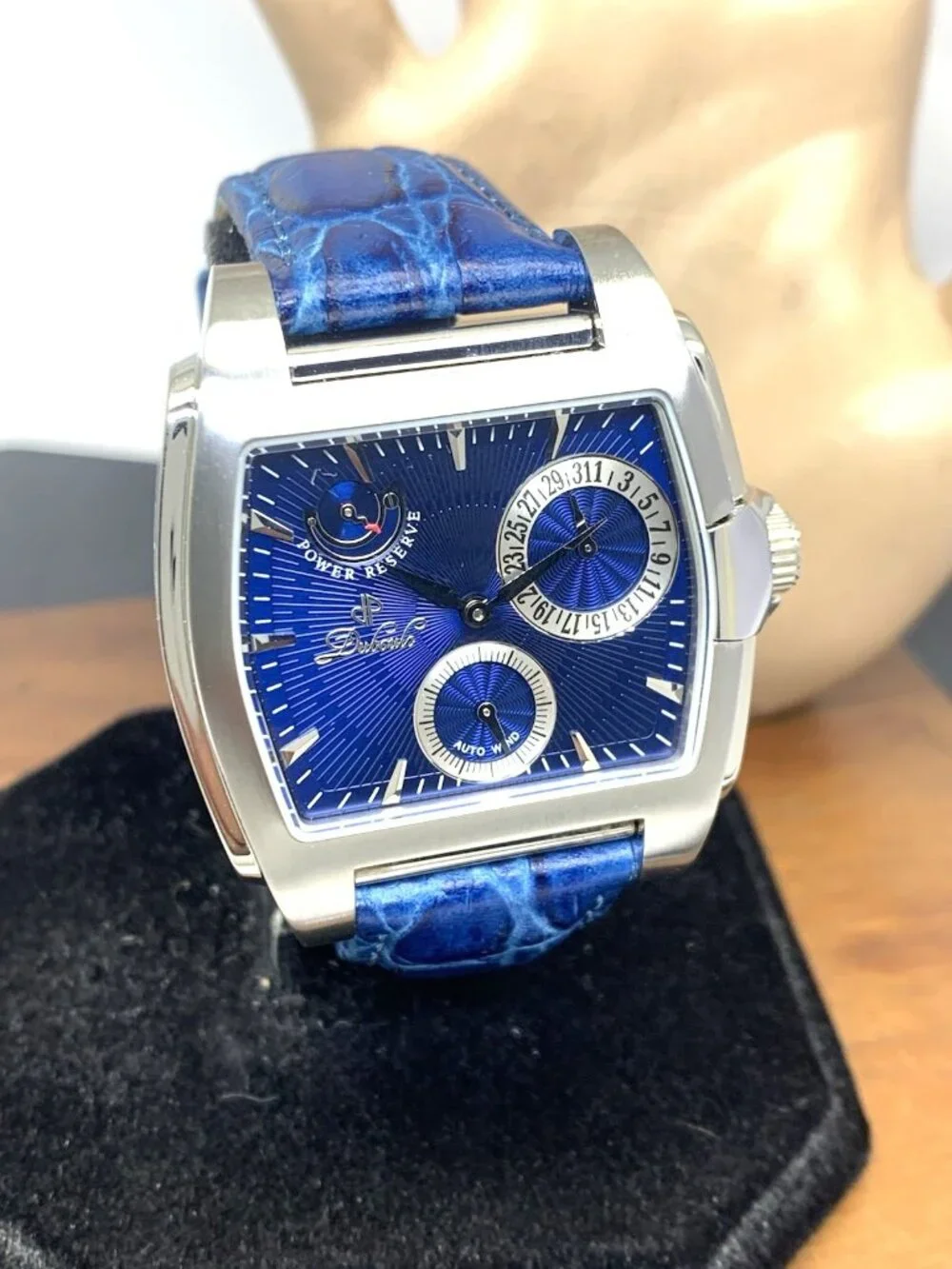 Duboule Men's Watch 2489-3 Automatic Blue Dial Power Reserve Leather Strap 40mm